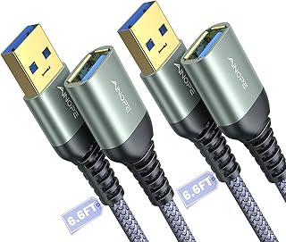 Комплект из 2 удлинительных USB-кабелей AINOPE: высокоскоростной USB 3.0, тип A (папа-мама), прочная оплетка, быстрая передача данных, совместим с USB-клавиатурой, мышью, флеш-накопителем, серый цвет, длина 6,6 фута (2 метра) + 6,6 фута (2 метра).