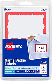 Настраиваемые именные бейджи Avery, 2-1/3" x 3-3/8", белые с красной рамкой, 100 съемных именных бейджей (05143)