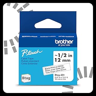 Оригинальная этикеточная лента Brother P-Touch Btag BTAG231 черного цвета на белом фоне, ~1/2 дюйма x 13,1 фута (12 мм x 4 м)