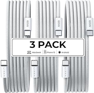 LISEN для iPhone 16 15, кабель USB C — USB C для быстрой зарядки, 60 Вт, кабель USB C Type C для быстрой зарядки iPhone 16 15, Samsung Galaxy S25 Ultra Plus S24 S23, iPad Pro 13 12,9 дюймов, iPad Air 5, белый, 3 шт., 6 футов