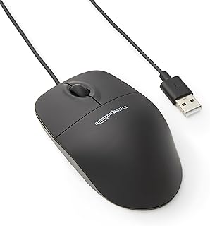 Проводная USB-мышь Amazon Basics с 3 кнопками, функцией прокрутки и отслеживания — стандартная, черная.
