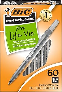 Шариковая ручка BIC Round Stic Xtra Life, сверхдолгая и равномерная подача чернил, 60 штук, черные чернила.