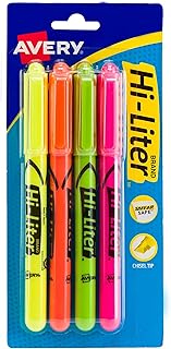 Маркеры-выделители AVERY Hi-Liter в форме ручки, чернила не размазываются, скошенный наконечник, 4 маркера разных цветов (23545)
