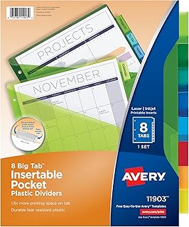 Вставляемые пластиковые разделители Avery для папок с 3 кольцами, 8 вкладок в комплекте, большие вкладки, два кармана, разноцветные разделители для папок, совместимы с защитными файлами для листов (11903)